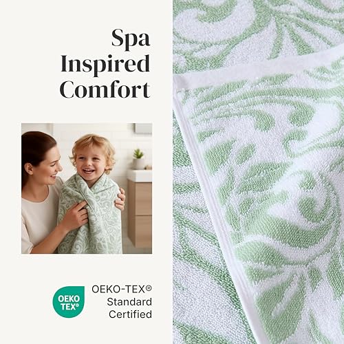 Image of Modern Threads 6 Piece Bath Towel Set - Bathroom Set with 2 Bath Towels, 2 Hand Towels, and 2 Wash Cloths - 100% Cotton, Super Absorbent & Extra Soft - Reversible Botanical Vine (Sage Green)