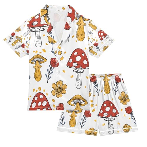 senya Mushroom and Sunflower 1 Satin Summer Pajama Sets Silk Short Sleeve Button Down Sleepwear