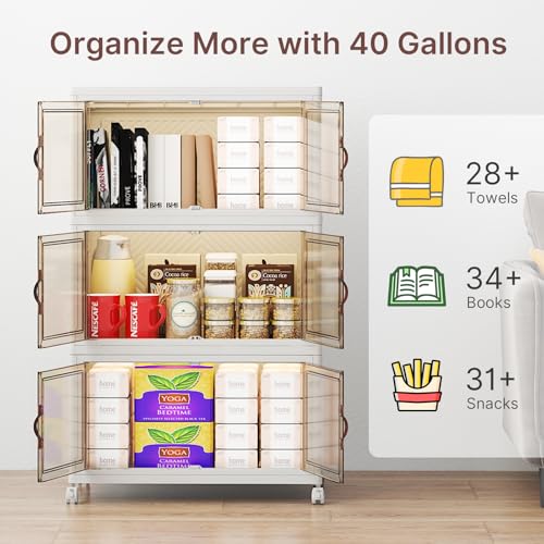 Image of UAMFURI Stackable Storage Bins with Lids, 288QT Lockable Storage Cabinet | Folding Storage Box with Doors and Wheels, Collapsible Plastic Drawers for Home, Garage, Office
