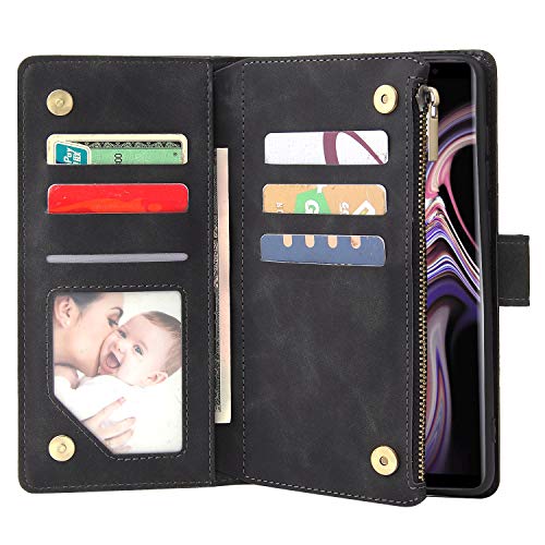 Lbyzcase Phone Case For Galaxy Note 9,Samsung Note 9 Wallet Case,Luxury Folio Flip Leather Cover[Zipper Pocket][Wrist Strap][Kickstand ] For Samsung Galaxy Note 9 (Black) #TOP2