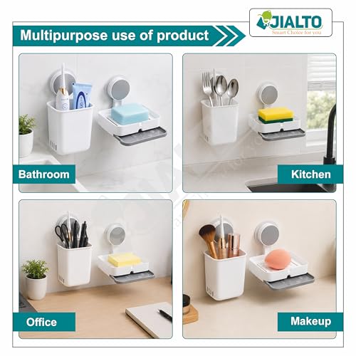 Image of JIALTO Wall Mounted Toothbrush Holder & Soap Box for Bathroom, Non-Drill Self Adhesive Magic Sticker Toothbrush Stand, Removable Drain Tray & Waterproof (Singal Soap Box White, Pack of - 2)