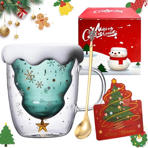 HIULLEN Christmas Tree Coffee Mugs, Double-Walled Sweet Christmas Tree Coffee Glass Mug, 300ml Tea Cup, Cappuccino Latte Macchiato Glasses Cups with Lid Handle for for Xmas Gift Milk Juice, Green