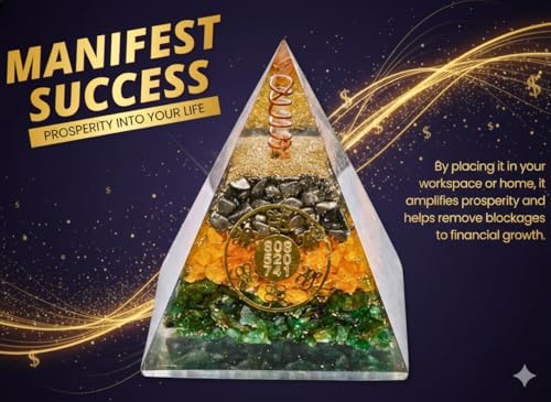 Image of Money Magnet Pyrite Pyramid for Home & Office | Pyrite Citrine Green Aventurine Vastu Pyramid with Zibu Symbol | Wealth Attraction Financial Growth Business Success & Positive Energy Decor