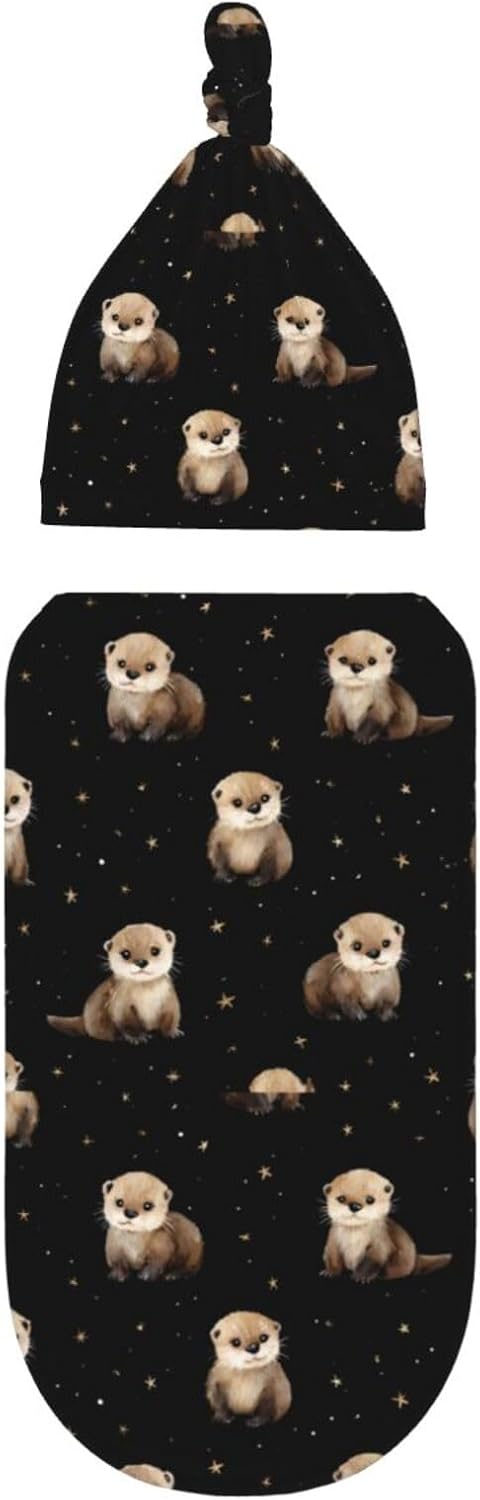 Cute Adorable Baby Otter Newborns Beanie Swaddle Blanket Set Baby Receiving Blankets for 0-6m Infant Boy Girl Swaddle Blankets Wrap Soft Sleeping Sack - Image 2