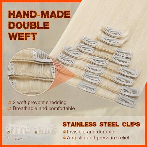 Image of Benehair Clip in Hair Extensions Real Human Hair Blonde Hair Extensions Clip in Human Hair Long Straight Remy Natural Full Head 8pcs Real Hair Extensions for Women 24inch #60 Platinum Blonde