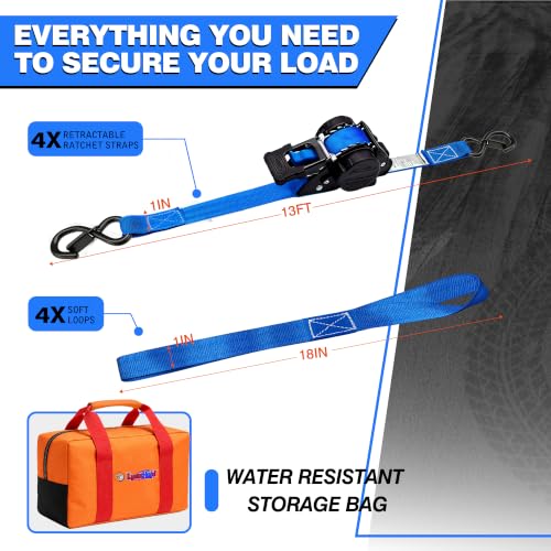 Image of Retractable Ratchet Straps 1 inch x 13 Ft, Bolt-On, 1,800 Lbs, Blue, 4 Pack