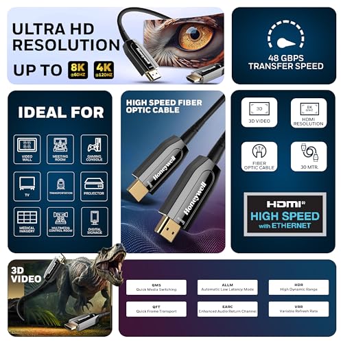 Image of Honeywell HDMI AOC 2.1 Complaint 30 Meters, Transmission Speed of 48GBPS, Supports UHD Resolution of 8K@60Hz, Male-to-Male, High-Speed Fiber Optics Cable, Compatible with TV, Gaming Console, etc.