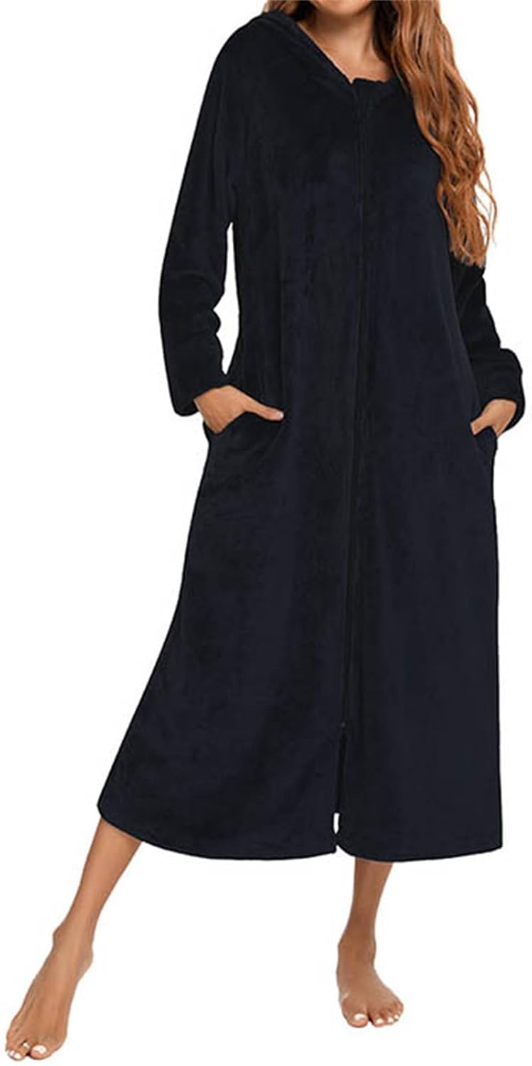 Women Zipper Robe Fleece Long Sleeves Bathrobe Sleepwear Warm Soft Housecoat with Pockets Zip Up House Dresses