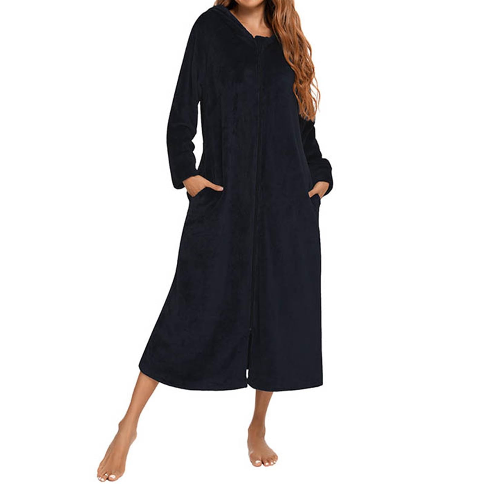 Vestaglia da donna con cerniera, vestaglia da donna con cappuccio, manica | Rilassate tasche laterali loungewear da donna, facili da indossare e togliere, per riposo post-doccia e uso quotidiano a casa