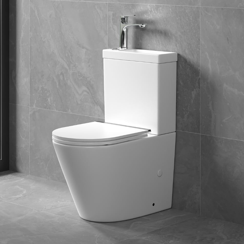 Db Durovin Bathrooms Glossy White Durovin Bathrooms Close Coupled Two Piece Ceramic Toilet With Sink On Top And Tap - Rimless Wc Pan With Cistern And Soft Close Seat