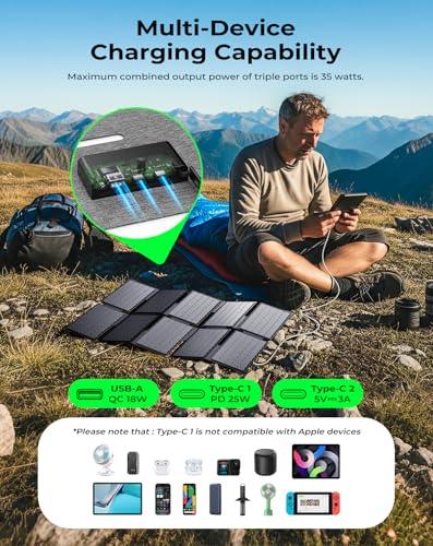 Image of BigBlue Portable 35W Solar Panel Charger with Fast Charging USB-A and PD 25W USB-C for Camping Backpacking, 1.54 lbs, IP68 Waterproof, Folding Solar Phone Charger for iPhone /Android, iPad, Power Bank