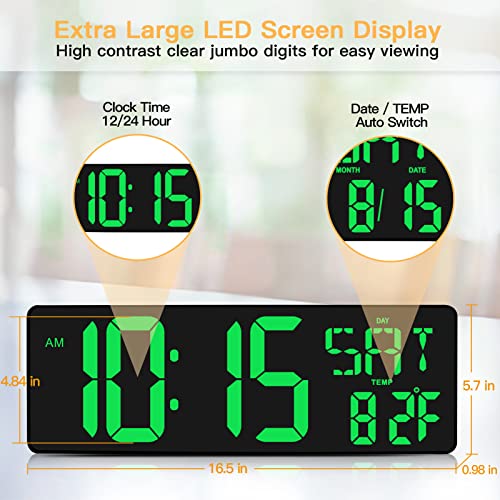 Xrexs Large Digital Wall Clock With Remote Control, 16.5 Inch Led Large Display Count Up & Down Timer, Adjustable Brightness Plug-In Alarm Clock With Day/Date/Temperature For Home, Gym, Classroom #TOP1