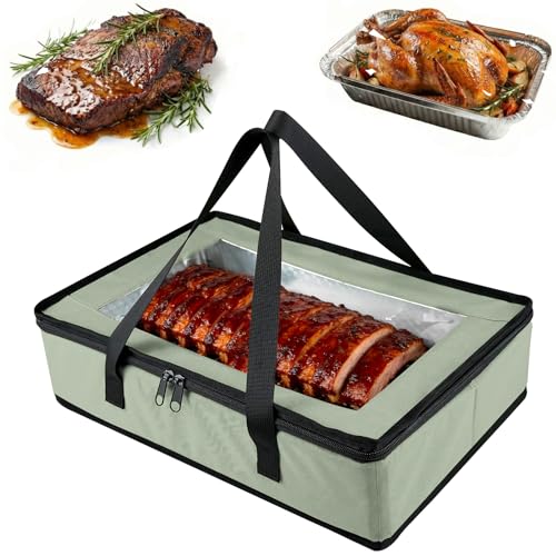 BANGIE BBQ Meat Resting Blanket & 9x13 Foil Pan Carrier - Leakproof Insulated Casserole Transport Bag with Visual Window, Rigid Hard Bottom - Birthday Father's Day Grilling Gifts for Men, Dad,Green