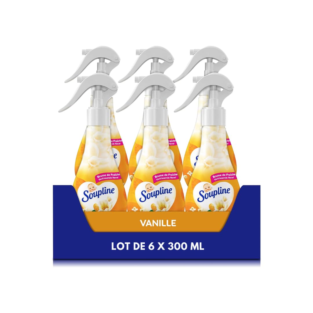 SOUPLINE - Fragancia 3D de vainilla en aerosol para refrescar la ropa - Perfuma al instante - Complemento ideal para tu suavizante de telas - Paquete de 6 x 300 ml