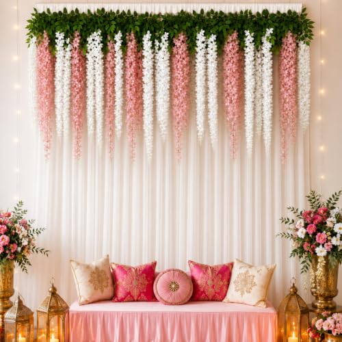 Image of Indian Pooja Backdrop Set, Diwali Curtain Decor, Wisteria Garland