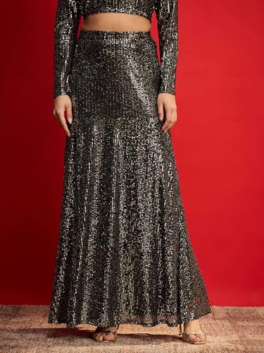Image of WomenBlack With Golden Sequence Crop Top With Fish Cut Skirt -L