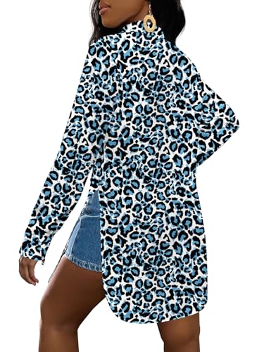 Image of LYANER Women's Collar Neck Long Sleeve Button Down Shirts Sexy Split Hem Tops Long Blouse Shirt Dress