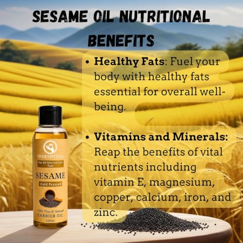 Image of Sesame Oil | 100% Pure Cold Pressed Gingelly Oil for Hair Growth, Skin Glow & Body Massage | Rich in Antioxidants, Reduces Dandruff & Joint Pain | 120 ml