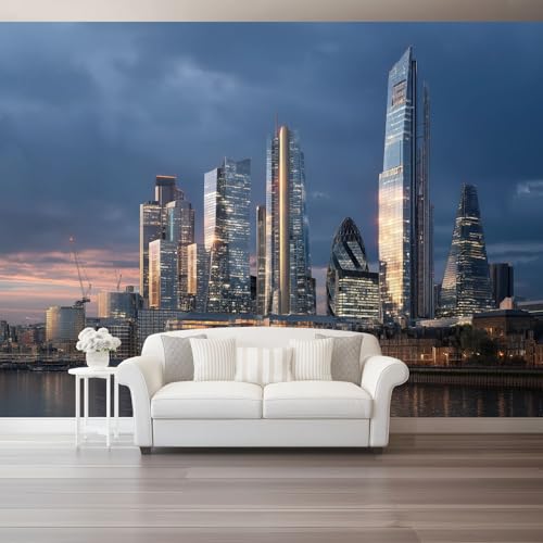 Image of Blue-Purple Wall Mural, HD Fantasy Wallpaper - Non-Woven Large Photo Mural for Kids Room Bedroom, Modern London City Building Night View Tear-Resistant Decor300 x 210 cm