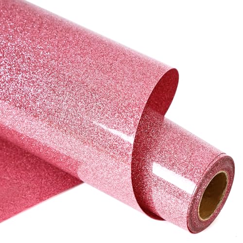 Image of RENLITONG Pink Glitter Heat Transfer Vinyl HTV Vinyl Rolls- 12 inch x 12ft Iron on Vinyl for T-Shirt, Cameo - Easy to Cut & Weed for Heat Vinyl Design
