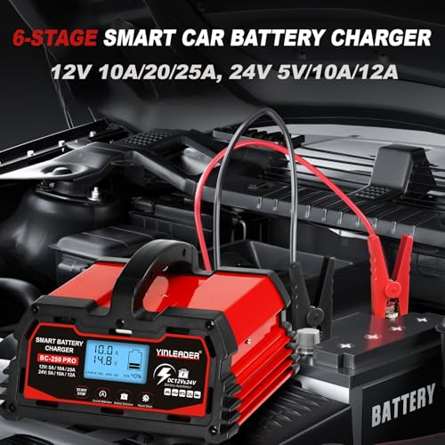 Battery Charger 25A, 12V/24V Lead Acid Smart Battery Charger, 12V LiFePO4 Car Battery Trickle Charger, Automatic Battery Maintainer for Car Motorcycle Lawn Mower Marine Boat Lead Acid Batteries