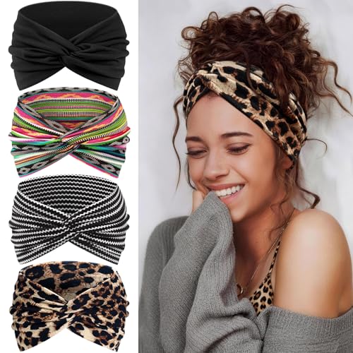 Tumurup Fascia Capelli Donna 4 Pcs Cerchietto Capelli Donna – 7'' Fasce per Capelli Elastici Turbante per Yoga, Fitness & Skincare –Larga Sport Headband Accessorio Capelli(Marrone leopardo)