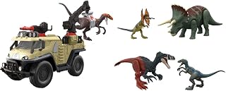 Jurassic World Dominion Capture and Crush Truck & Dominion 4 Dinosaur Action Figures, Blue, Dilophosaurus, 2 Roar Strikers Megaraptor and Pteranodon, Survival Instincts