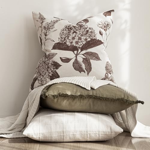 Image of Foindtower Set of 2 Linen Floral Throw Pillow Covers Vintage Accent Print Decorative Cushion Covers Farmhouse Boho Home Decor for Sofa Chair Couch Bedroom Living Room,24x24 Inch,Dark Brown