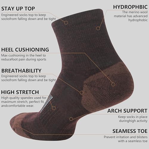 Image of Men's Women's 90% Merino Wool Running Ankle Business Athletic Casual Moisture Wicking Arch Support Everyday Thin Wool Socks, X-Large, Brown