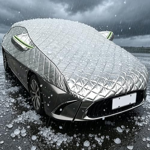 Hail Protection Car Cover Half Cover 5-Layer Heavy Duty Waterproof 210T Taffeta with Double Cotton Padding Sun UV Rain Snow Resistant fit Hatchback Sedan and SUV with Lengths from 4.3 m-4.5 m Silver