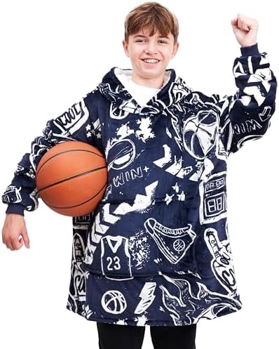 Sports Blanket Hoodie Men & Kids, Oversized Wearable Blanket Kids, Teens, Adults, Soccer & Basketball Hoodie Blanket for Boys