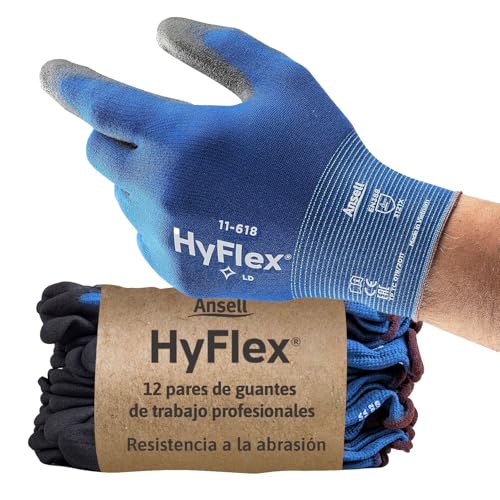 Ansell HyFlex 11-618, Guantes De Trabajo Ultrafinos Destreza, Guantes Anticorte Con Recubrimiento PU, Guantes Mecánico Uso Industrial, Touchscreen Compatible, Guantes Trabajo Azul Talla S, 1 Par