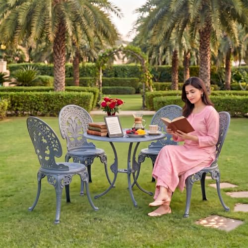 Image of BRISHI Cast Aluminium Garden Patio Seating Chair and Table Set for Balcony Outdoor Furniture with 1 Table and 4 Chair Set (Grey)