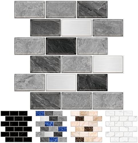 URCOLOR 10-Sheet Subway Tile Peel and Stick Backsplash for Kitchen,12"x12" Self Adhesive Wall Tiles Sticker on Back Splashes for Bathroom Gray Marble Design