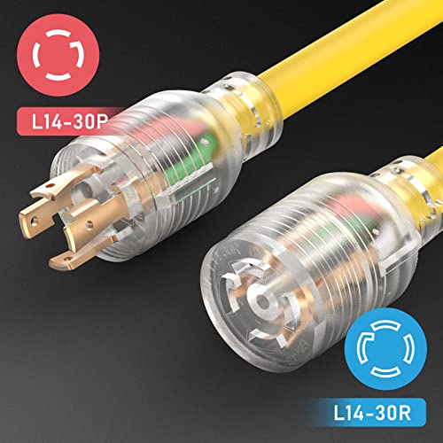 TOOLIOM 30 Amp Generator Cord, L14-30P/L14-30R Generator Extension Cord, UL Listed Heavy Duty Generator Power Cord 125/250V 7500W 10 AWG SJTW RV Extension Cord with Lighted Power Indicator (25FT) - Image 3
