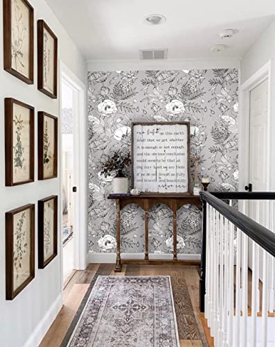 Blooming Wall Elegant Modern Lotus Lily Leaf Peel And Stick Wallpaper Self-Adhesive Prepasted Wallpaper Wall Mural Wall Decor (17.7“X394”, Dark Gray/Black) #TOP3