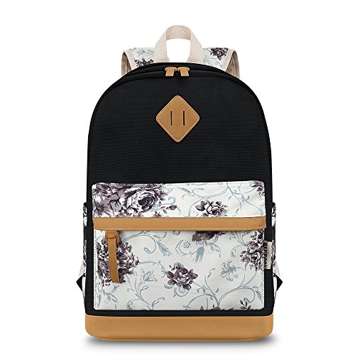 Sac d'école Filles Sacs à dos Toile Cartable Floral étudiant Daypack (Noir)
