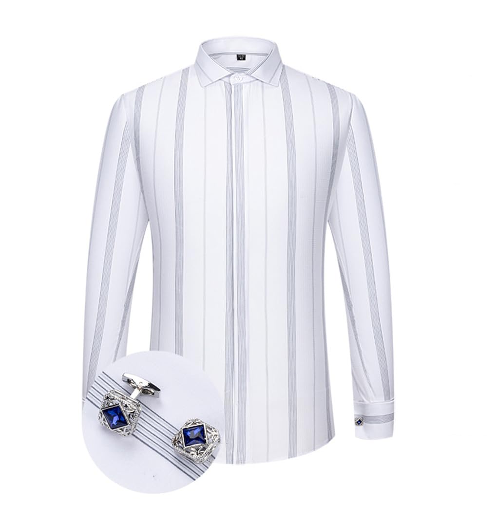 Camicie da uomo, Smoking a maniche lunghe a righe tinta unita, Windsor Collare Partito Camicie Da Sposa