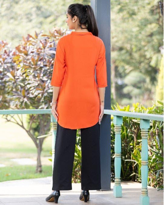 Image of Mlada Rayon Flare Top for Women | 3 /4th Sleeve Regular Fit and Flare Top | Women Office Tops Tunic | Western Long Shirt Top for Women | Shirt Collar Top for Women | Rayon Tunic Tops for Women Western