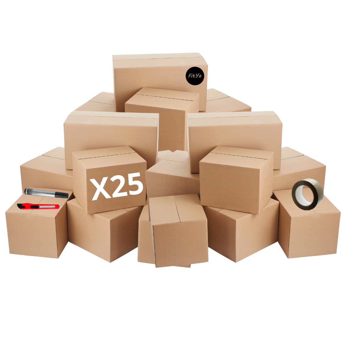 Lot de 25 Cartons de déménagement + OFFERT 1 rouleau adhésif, 1 feutre, 1 Cutter, 6 Étiquettes Fragile et 1 Checklist - Fabriqué en France - Kit de Déménagement 6 en 1