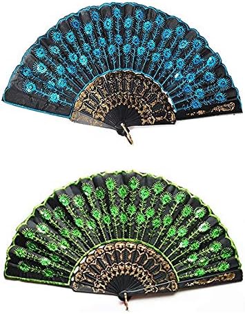 Dusenly 2pcs Fashion Peacock Handheld Fan Folding Hand Fans with Sequins Flower Pattern for Women and Girls