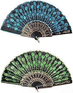 Dusenly 2pcs Fashion Peacock Handheld Fan Folding Hand Fans with Sequins Flower Pattern for Women and Girls