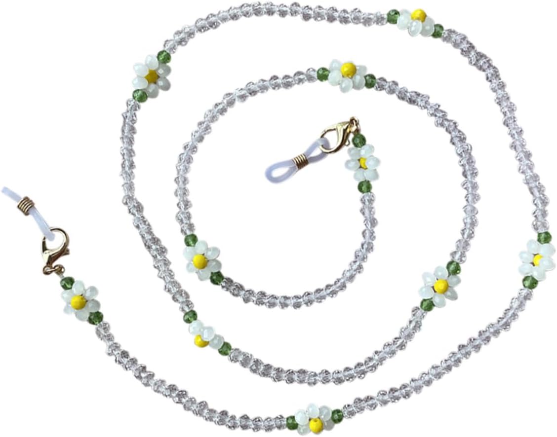 Anti-lost Glasses Chain with White Crystal Beads and Flower Pendant, Stylish Sweater Hanging Neck Chain for Women, Eyeglasses and Mask Holder Accessory