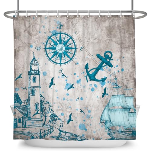 Pnylzzyxh Nautical Sailboat Shower Curtain Teal Lighthouse Compass Beach Bathroom Curtain Anchor Coastal Waterproof Polyester Shower Curtain Sets for Bathroom Extra Long 72x84 in with 12 Hooks by Pnylzzyxh - Image 2