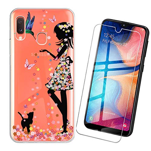 QFSM Transparente Funda + Cristal Templado para Samsung A20e 2019 (5.8") Shell Silicona Carcasa Suave TPU Case Cover, 9H Dureza Duradera Protectora Pantalla Glass Film Protector-WM49