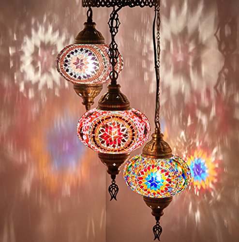 Demmex (Customizable Globes) 2019 Hard-Wired Or Plugin 1,3,5,7,9 Globes Chandelier Lights Turkish Moroccan Mosaic Ceiling Hanging Pendant Chandelier Light Lighting (3 Globes Hardwired, 37") #TOP8
