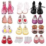 AugFrog 7 Pairs of 18 Inch Doll Shoes ( Random from 20) and 2 Pairs of Doll Socks, Fashion Cute Doll Princess Shoes Doll Boots Leather Shoes Canvas Sneaker Fit American Doll Accessories
