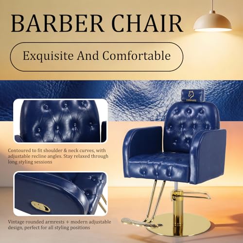 Image of Vintage Barber Chair,360 Swivel Salon Chair with Reclining,Adjustable Height,Professional Stylist Chair with Heavy-Duty Hydraulic Pump,Spa Equipment for Barbershop,Beauty,Home (Glossy Blue)