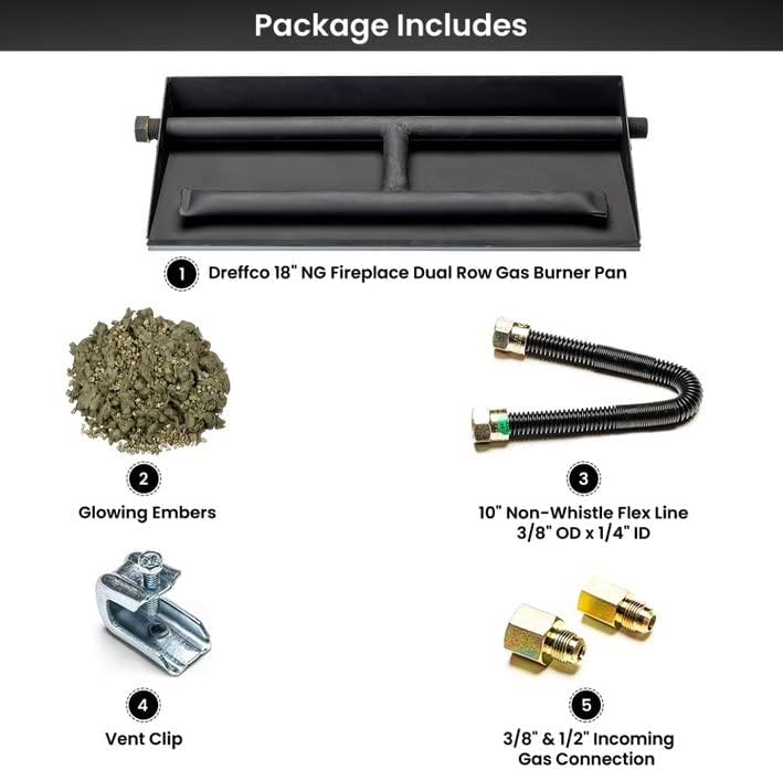Diagram of Dreffco 18-inch NG Fireplace Dual Row Gas Burner package contents