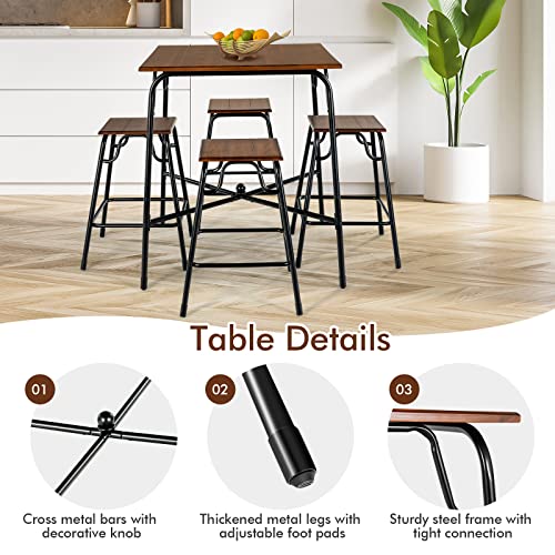 COSTWAY 5-Piece Dining Table Set, Counter Height Bar Table and 4 Stools with Footrest, Metal Frame Space Saving Breakfast Dining Furniture for Kitchen Pub Living Room - Image 5
